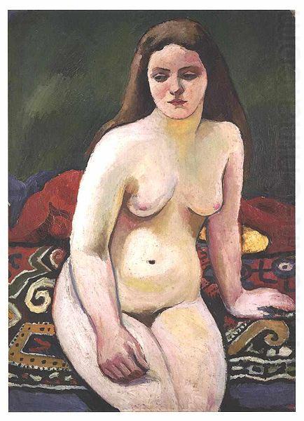 Female nude at a knited carpet, August Macke